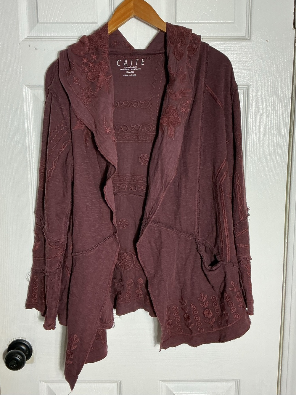 CAITE Embroidered Hooded Open Front Cardigan Jacket Mauve Small